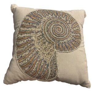 Pier 1 Imports Beaded Nautilus Shell Throw Pillow Coastal Beige Gold 16x16